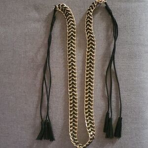 Belt goldtone and black material fringe 29" gold tone + another 12" on each side
